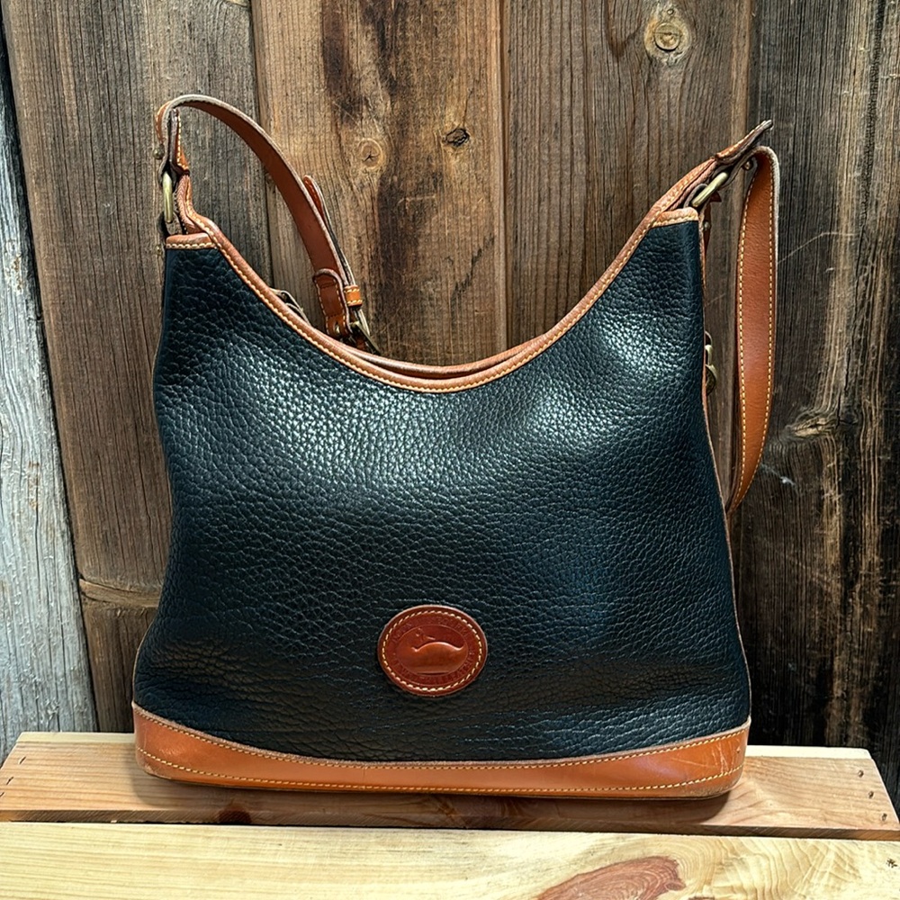 Vintage Dooney & Bourke Pebbled Leather Black / Brown Hobo Bucket Shoulder Bag